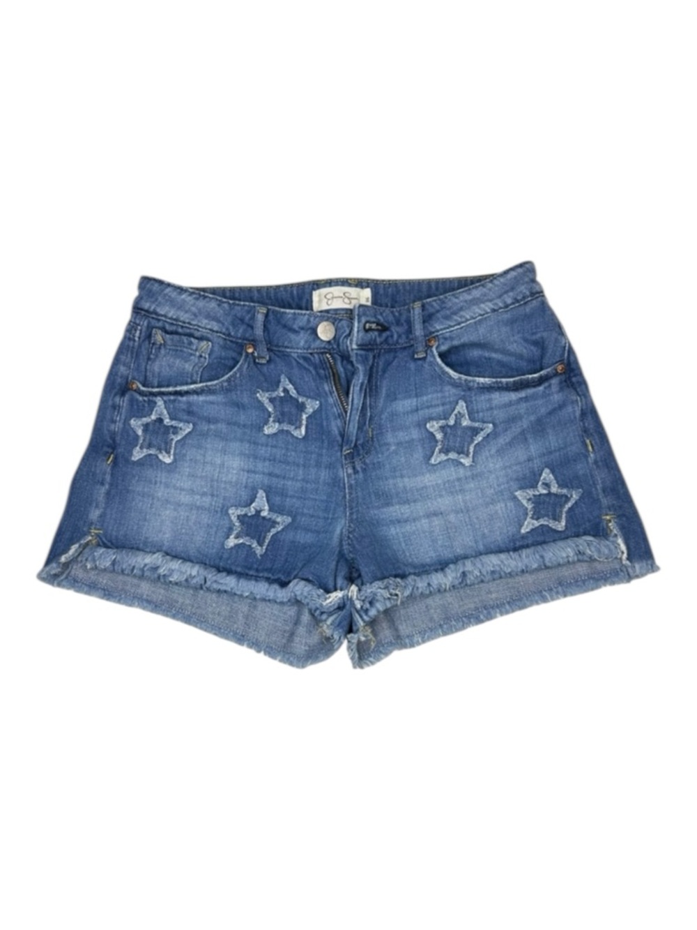 Jessica Simpson Jean Denim Shorts Star Pattern Fringe Size 26 Festival Coachella